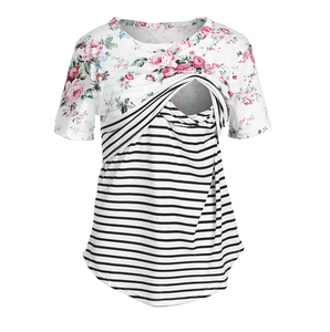 Striped Floral Short-sleeve Maternity Nursing Top