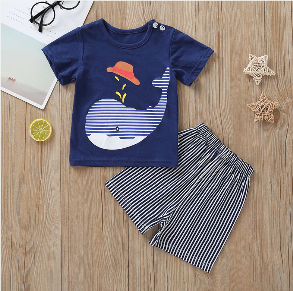 Whale Print Short-sleeve Tee and Striped Shorts Set