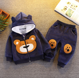 Set 2pcs Bear Print Hooded Long-sleeve Dark Blue Baby Set