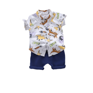 Dinosaur Print Short-sleeve Shirt and Solid Pants Set