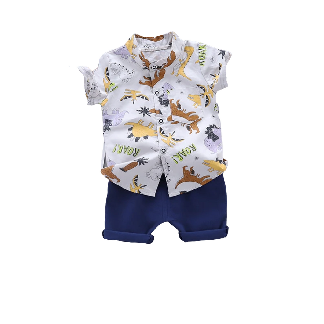 Dinosaur Print Short-sleeve Shirt and Solid Pants Set